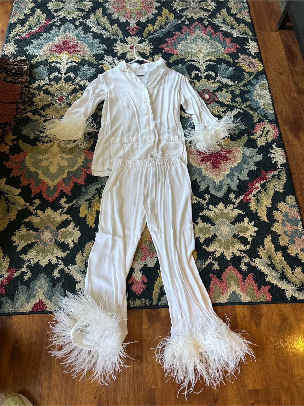 Sleeper White Feather-Trim Button Front Jumpsuit